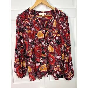 Nurture Womens XL Maroon Floral Smocked Long Sleeve Boho Peasant Floral Top